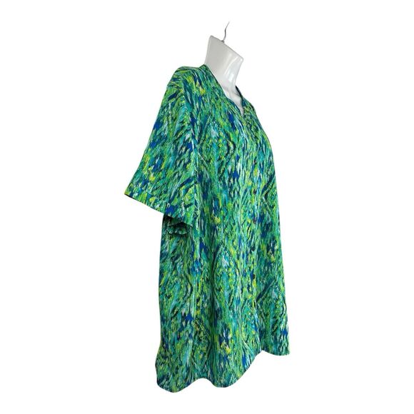Catherines Top 3X 26/28W Blue Green Abstract Ikat Button Down Short Sleeve Shirt - Picture 4 of 8